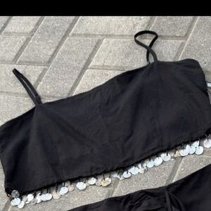 JASON WU Mother Of Pearl Beaded Sea Shell Linen Rayon Crop Top black NWT Size 8